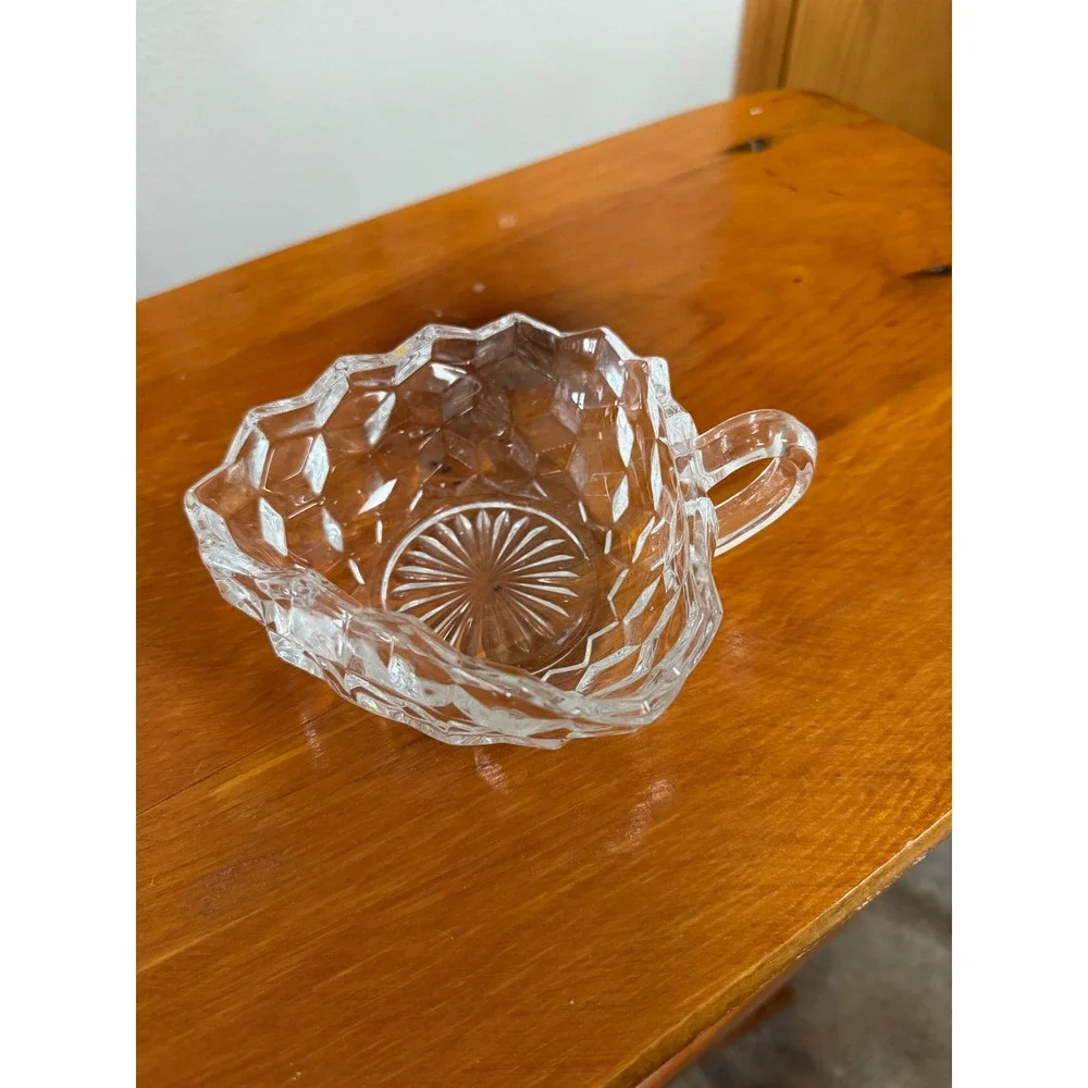 Vintage Heart Shaped Clear Pressed Glass Nappy Dish with Handle Diamond Pattern